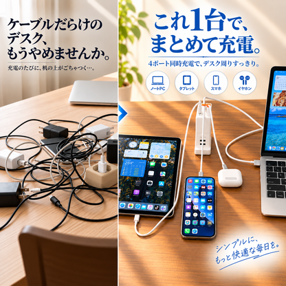 スマートリンク｜ケーブル内蔵 4in1 急速充電器