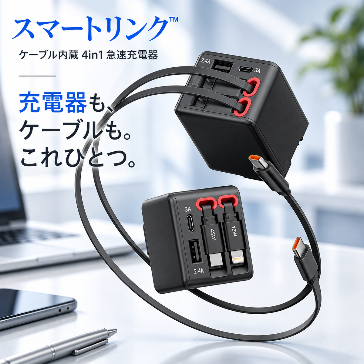 スマートリンク｜ケーブル内蔵 4in1 急速充電器